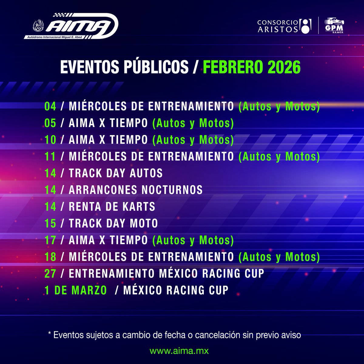 Calendario de eventos públicos de Febrero, organicen sus calendarios. ¡Los esperamos!

#Puebla #Amozoc #PistaAbierta #PistaLibre #Autos #Motos