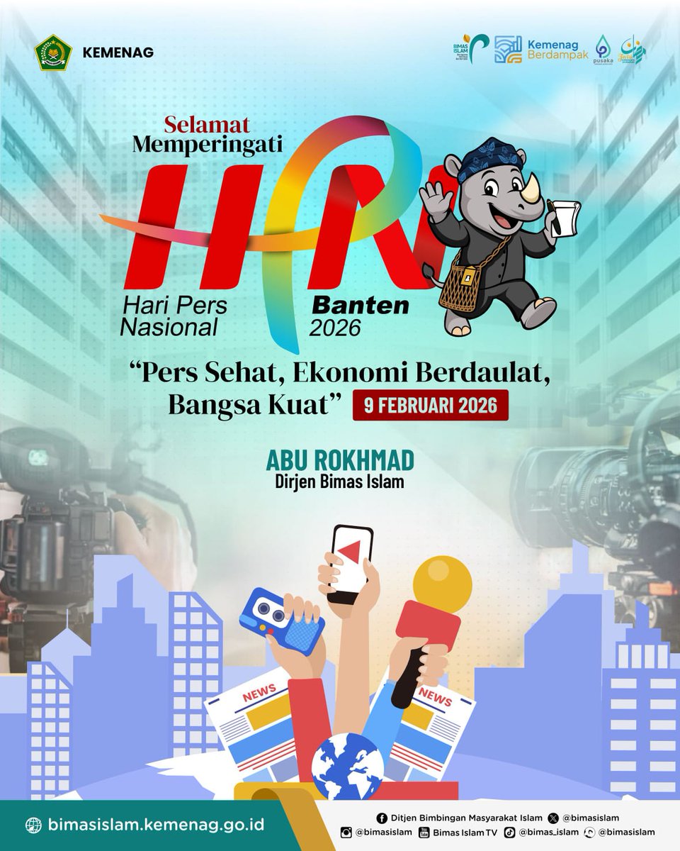 BimasIslam's tweet photo. Selamat Hari Pers Nasional 2026.
Pers memiliki peran penting sebagai jembatan informasi, penjaga kebenaran, dan penguat demokrasi.
Mari dukung pers yang sehat, profesional, dan bertanggung jawab demi Indonesia yang lebih baik.
#HariPersNasional2026 #HPN2026 #PersSehat https://t.co/sTQM0HKAv3