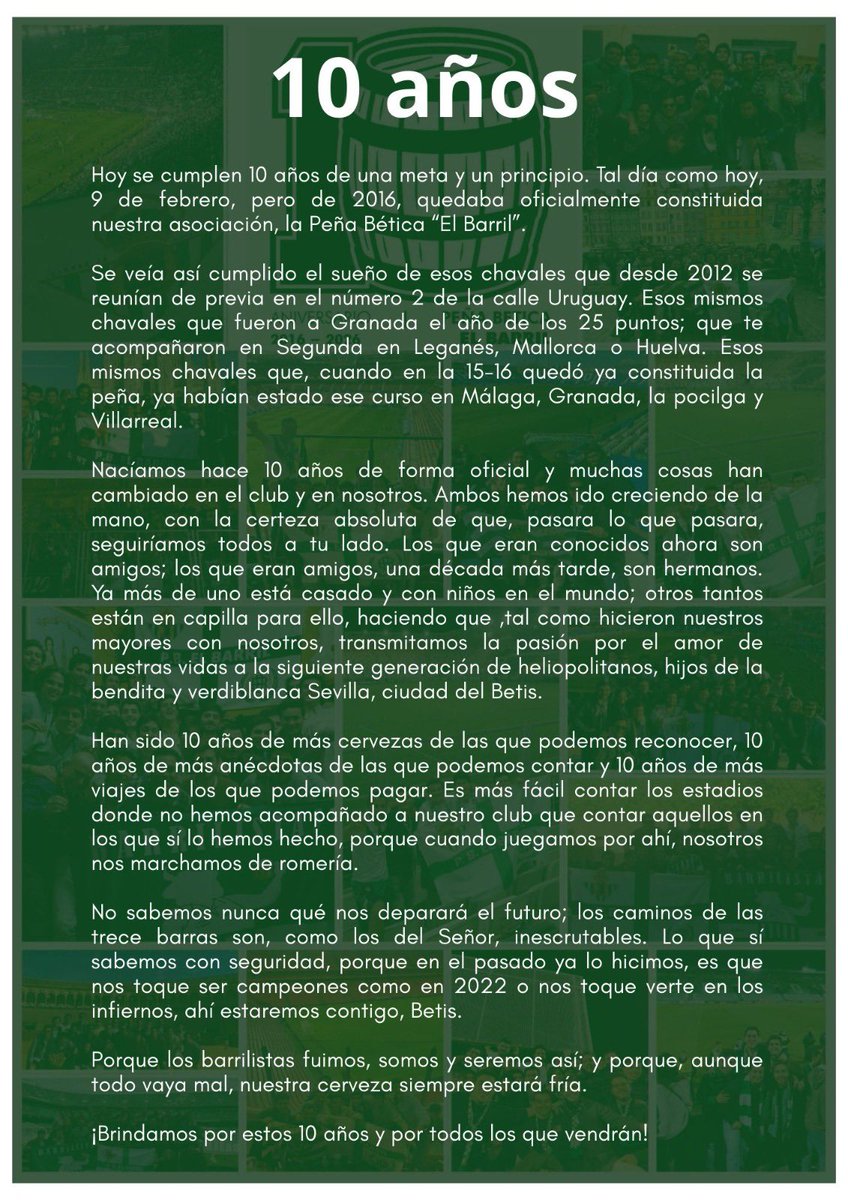 Hoy, 9 de Febrero, cumplimos 10 años como Peña oficial del <a href="/RealBetis/">Real Betis Balompié 🌴💚</a> Balompié. 💚🍻🇪🇸