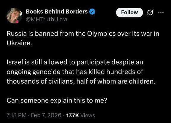 Tweet dari mantan prajurit US NAVY
Rusia telah dilarang dari Olimpiade karena perangnya di Ukraina.
 
Namun Israel, meskipun melakukan pembantaian berkelanjutan dan membunuh ratusan ribu warga sipil – di mana separuhnya adalah anak-anak – masih diperbolehkan berpartisipasi!