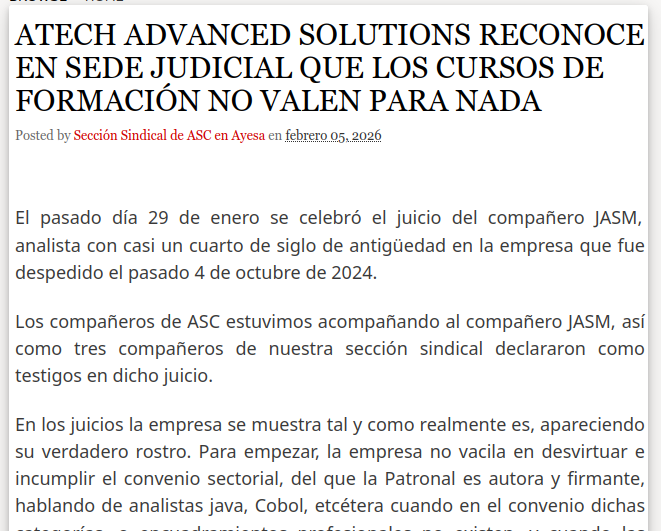 ATECH ADVANCED SOLUTIONS RECONOCE EN SEDE JUDICIAL QUE LOS CURSOS DE FORMACIÓN NO VALEN PARA NADA 
asc-ayesaat.blogspot.com/2026/02/atech-…

<a href="/AyesaNews/">Ayesa</a> #Ayesa #TIC #Ingenieria #Consultoría 

<a href="/ASC_Sevilla/">ASC Sevilla</a>