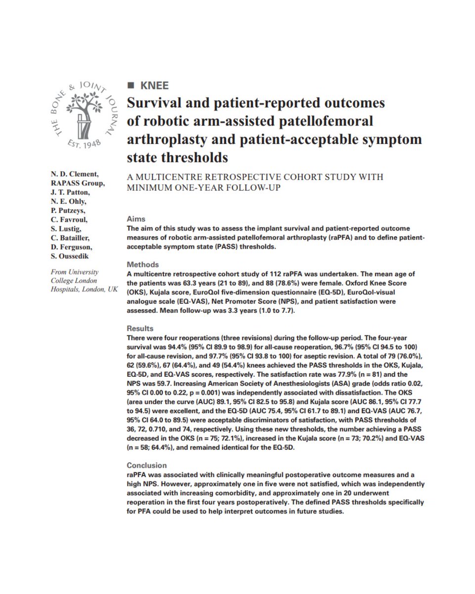 BoneJointJ's tweet image. Robotic arm-assisted patellofemoral arthroplasty was associated with clinically meaningful postoperative outcome measures and a high net promoter score; however, approximately one in five were not satisfied.

#Arthroplasty #RoboticArm #Ortho #Knee

ow.ly/SfH450Y9Qym