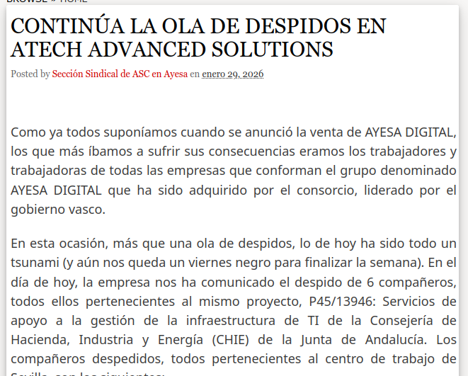 CONTINÚA LA OLA DE DESPIDOS EN ATECH ADVANCED SOLUTIONS 
asc-ayesaat.blogspot.com/2026/01/contin…

<a href="/AyesaNews/">Ayesa</a> #Ayesa #TIC #Ingenieria #Consultoría 

<a href="/ASC_Sevilla/">ASC Sevilla</a>