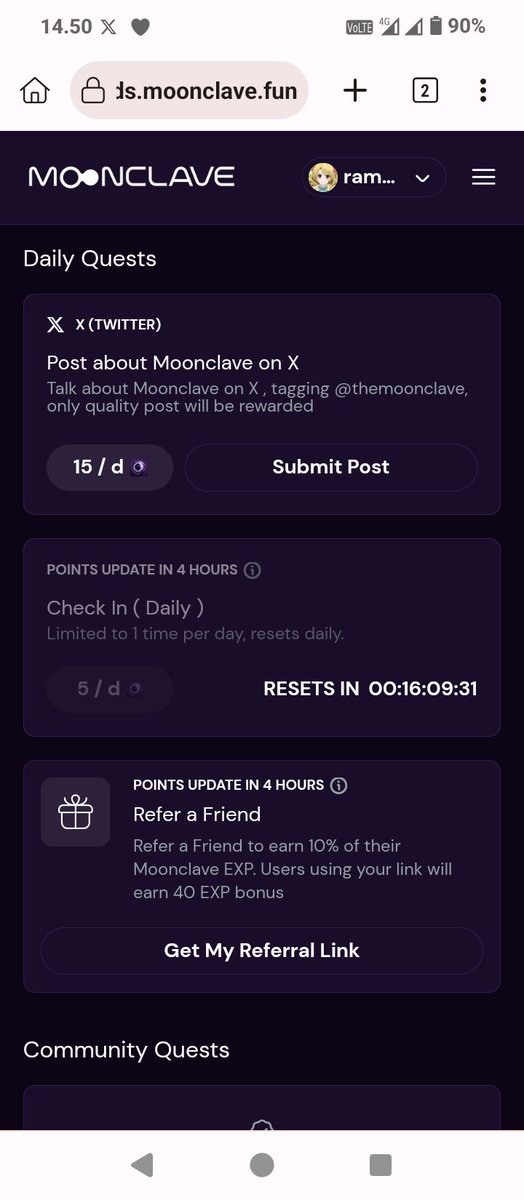 Let's complete the Moonclave quest by simply following these steps:

- Join using the link below
rewards.moonclave.fun/loyalty?referr…
- Connect to your Solana wallet and X
- Check in
- Complete the quest

Complete it and earn XP for future Airdrops
<a href="/themoonclave/">Moonclave</a>