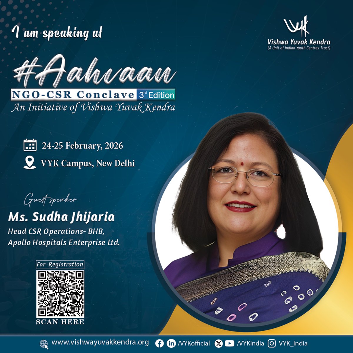VYKIndia's tweet photo. We are delighted to welcome Ms. Sudha Jhijaria, Head – CSR Operations (BHB), @ApolloHospitals Enterprise Ltd., as a distinguished speaker at #Aahvaan: #NGO–#CSR #Conclave2026 (3rd Edition). Join us and be part of a collaborative platform #advancing #healthcare-led #socialimpact. https://t.co/BnRCvQybK2
