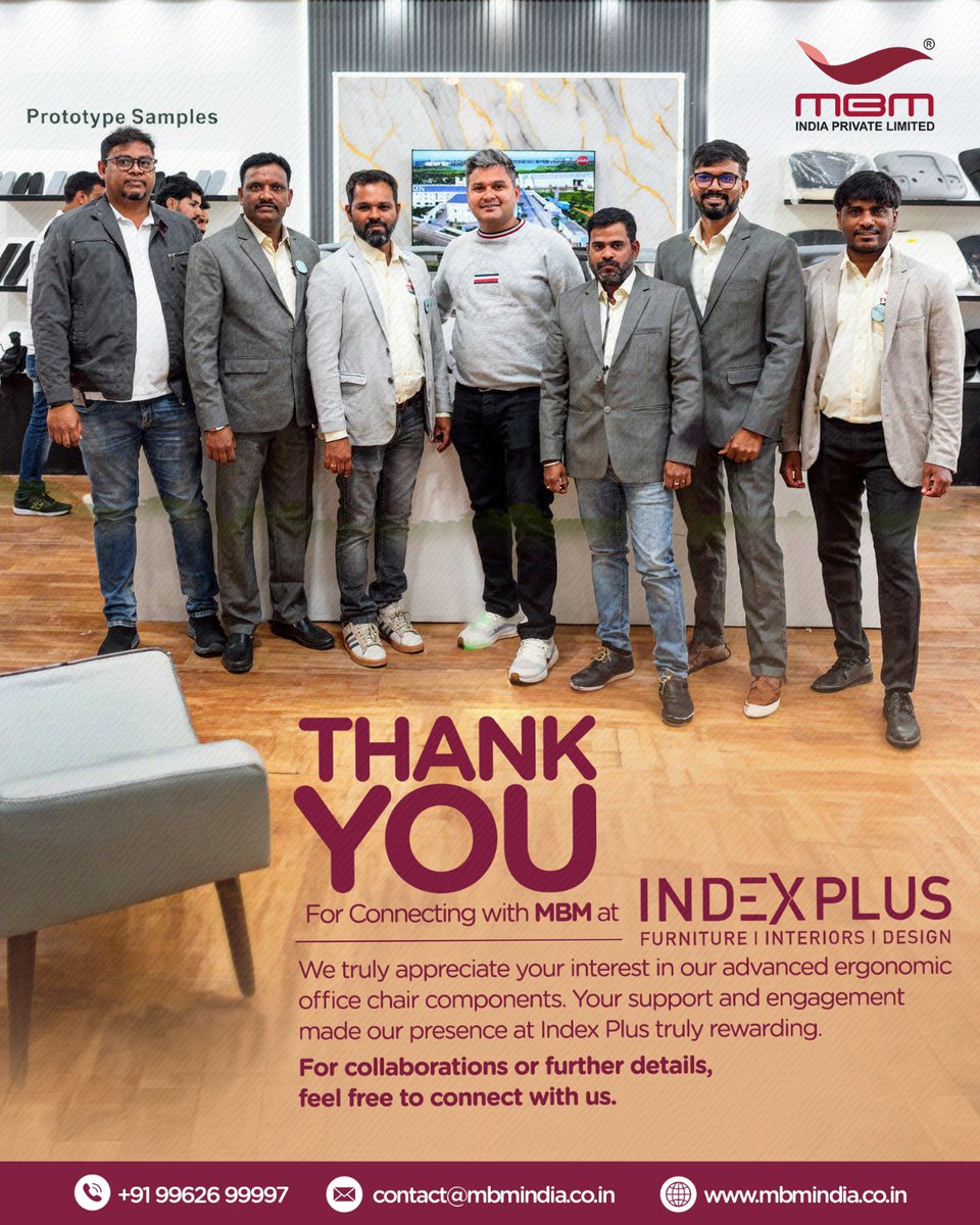 mbmindiapvt2's tweet image. Thank you for the great connections and inspiring conversations at Index Plus—looking forward to what’s next!
...
 #ThankYou #IndexPlus #MBMIndia #OfficeChairComponents #ErgonomicDesign #FurnitureExpo #InteriorDesign #WorkplaceComfort #ManufacturingExcellence #IndustryConnections