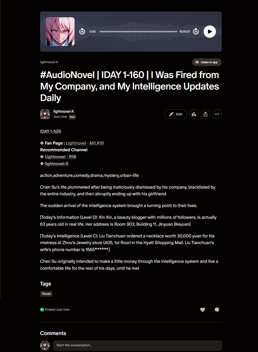 lightnovelmtl's tweet photo. #Novel #Audiobook #AdultNovel #TranslatedNovel #ReadNovel
📷 https://t.co/6YyXBemxLA
21 - IDAY 1-526 I Was Fired from My Company, and My Intelligence Updates Daily
20 - PROO 1-658 I Rely on My Proficiency to Live Forever
📷 https://t.co/MEnRz6Ulmr
31 - WIYO 1-330 https://t.co/PSdAMcbVjo