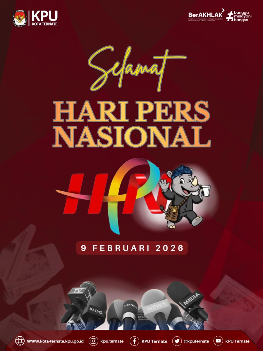 kputernate's tweet photo. #TemanPemilih, Segenap jajaran KPU Kota Ternate mengucapkan Selamat memperingati Hari Pers Nasional. Senin, (09/02).

#KPUMelayani https://t.co/6x27PxLj92