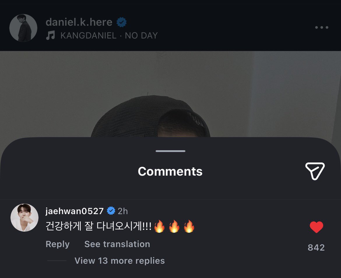 260209 Jaehwan liked &amp; left a comment on Daniel's instapost #김재환 #강다니엘 

🐶: "Please go and come back healthy and safe!!! 🔥🔥🔥"

#WANNABOND #WannaOne #워너원