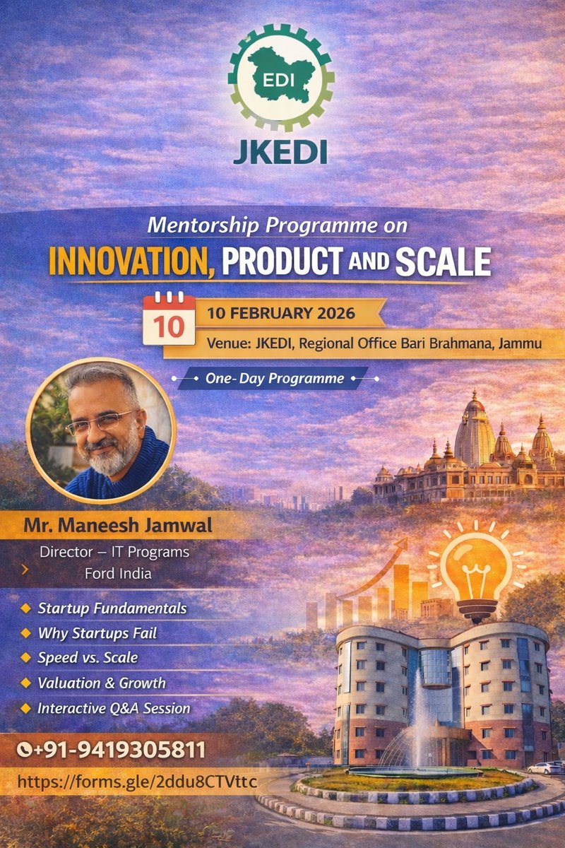 JKEDI4U's tweet photo. 📍 Exclusive Mentoring Session for Startups!

Learn from Mr. Maneesh Jamwal
 Director – IT Programs, Ford Smart Mobility India

🗓 10 February 2026
⏰ 10:30 AM
📌 JKEDI, Bari Brahmana, Jammu
💡 Insights | Innovation | Growth
🚀 Join us:

Register Now : https://t.co/Zl0T8zOrhA https://t.co/y5QW7qVFSX