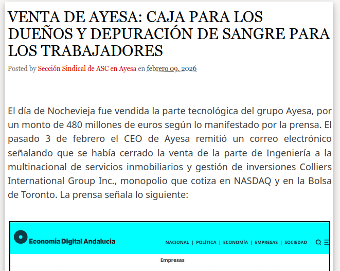 VENTA DE AYESA: CAJA PARA LOS DUEÑOS Y DEPURACIÓN DE SANGRE PARA LOS TRABAJADORES  
asc-ayesaat.blogspot.com/2026/02/venta-…

<a href="/AyesaNews/">Ayesa</a> #Ayesa #TIC #Ingenieria #Consultoría 

<a href="/ASC_Sevilla/">ASC Sevilla</a>