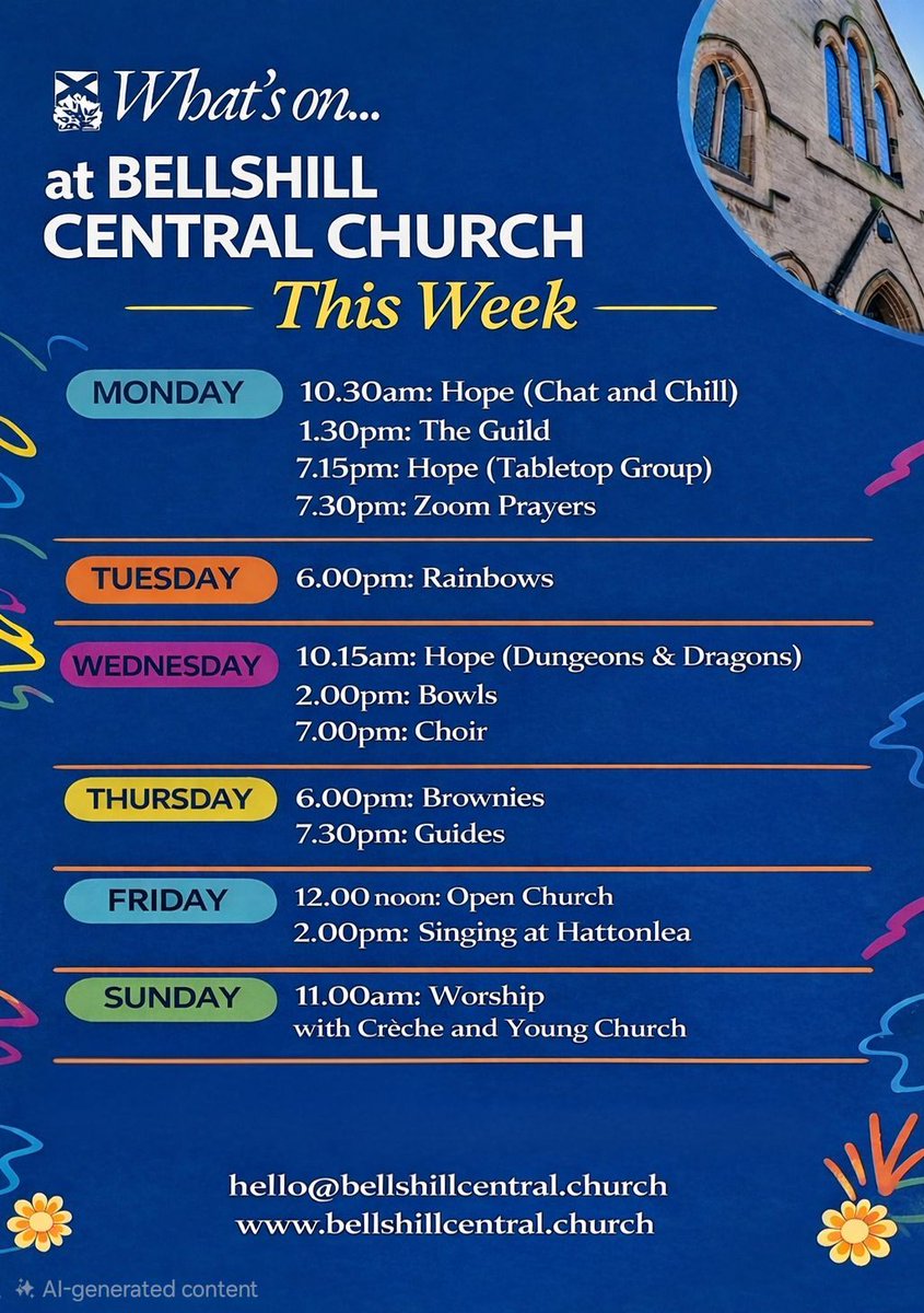 BellshillChurch's tweet photo. What’s on this week at Bellshill Central Church?
From Hope groups and youth organisations to Open Church and Sunday worship, there’s something for everyone. You’d be very welcome to join us 💙
#Bellshill #Community #ChurchLife #WhatsOn #Hope #YouthWork #OpenChurch #SundayWorship https://t.co/FXncTyPcEs