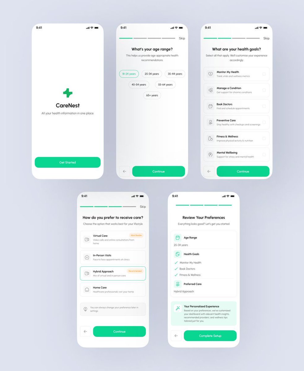 Onboarding screens for a health care brand
