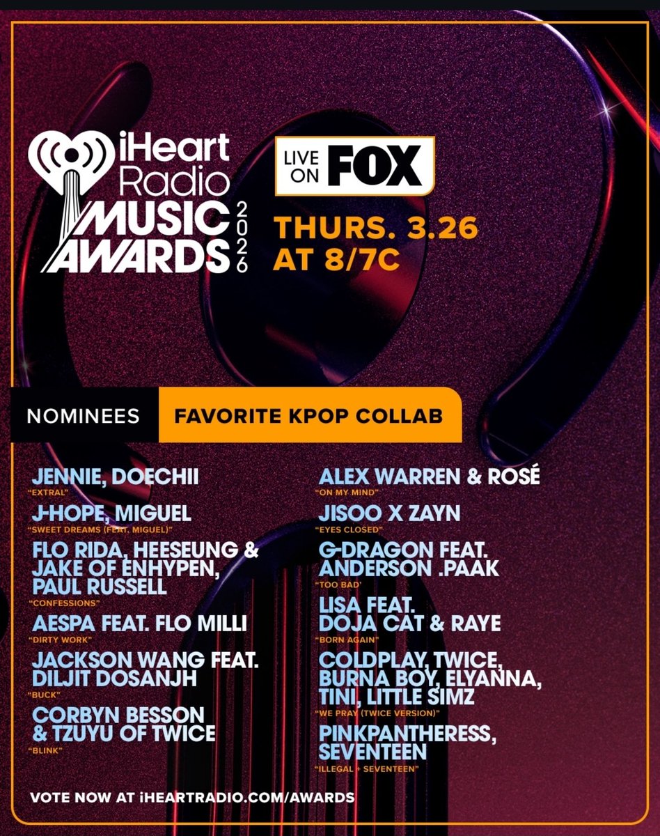 Yep, this is still ongoing! Use VPN!

Vote here: iheart.com/music-awards/

KPOP Group Of The Year
- TWICE

Favorite KPOP Collab:
- BLINK by Corbyn Besson and TZUYU
- WE PRAY by Coldplay, TWICE, Burna Boy, Elyanna, Tina, Little Simz

#TWICE #TZUYU <a href="/JYPETWICE/">TWICE</a>