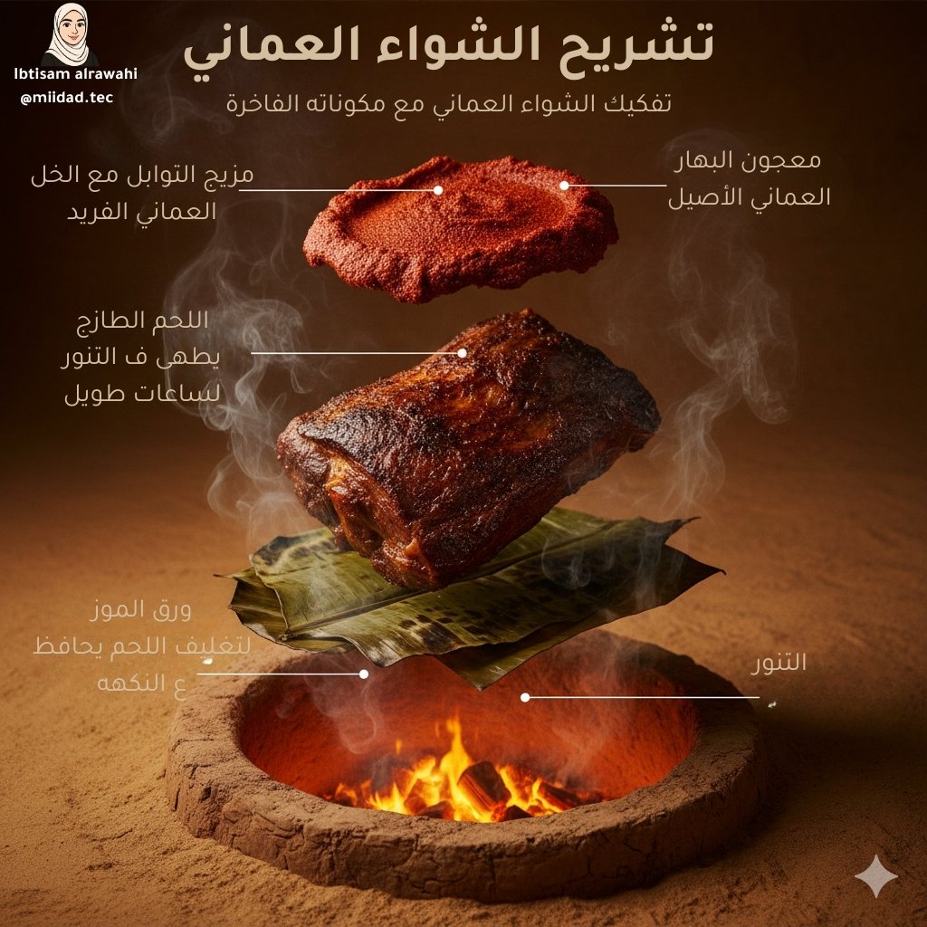 MidadTec's tweet photo. 🇴🇲🔥 اكتشف المطبخ العُماني… طبقة بطبقة!

هذا ليس مجرد طبق عُماني،
إنه تفكيك بصري ملكي (Exploded View)
حيث نكشف كل مكوّن، كل بهار، كل لمعة ذهبية ✨

📝 اكتب "تشريح" في التعليقات
واستلم البرومبت الخاص لتجربة AI بنفسك 📩
#المطبخ_العماني #OmaniCuisine #تفكيك_الأطباق #AIArt https://t.co/qDj0wnzdx4