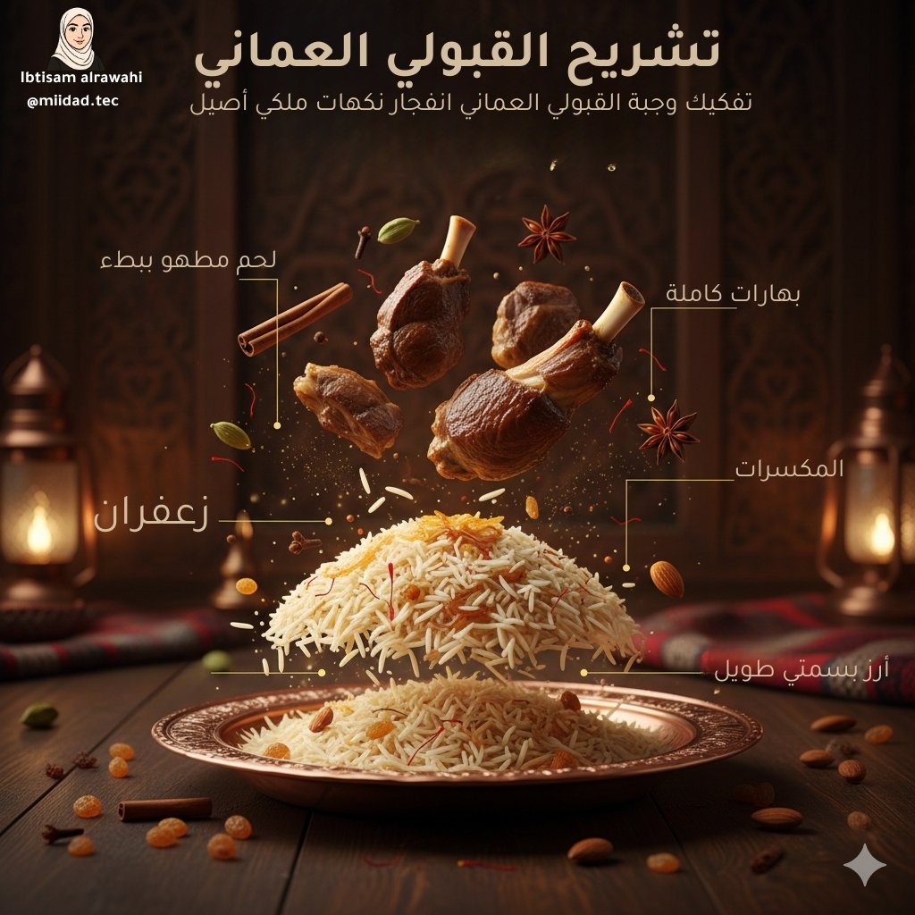 MidadTec's tweet photo. 🇴🇲🔥 اكتشف المطبخ العُماني… طبقة بطبقة!

هذا ليس مجرد طبق عُماني،
إنه تفكيك بصري ملكي (Exploded View)
حيث نكشف كل مكوّن، كل بهار، كل لمعة ذهبية ✨

📝 اكتب "تشريح" في التعليقات
واستلم البرومبت الخاص لتجربة AI بنفسك 📩
#المطبخ_العماني #OmaniCuisine #تفكيك_الأطباق #AIArt https://t.co/qDj0wnzdx4