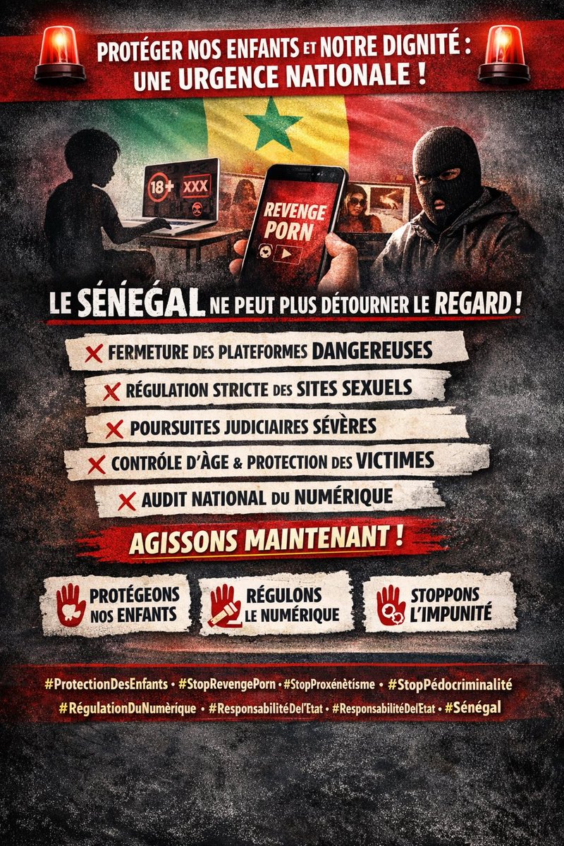 🚨 PROTÉGER NOS ENFANTS: UNE URGENCE NATIONALE 

Le Sénégal ne peut plus détourner le regard.

Aujourd’hui, certaines plateformes numériques opérant sans régulation effective constituent de véritables zones de non-droit. 

Elles facilitent ou tolèrent le proxénétisme,