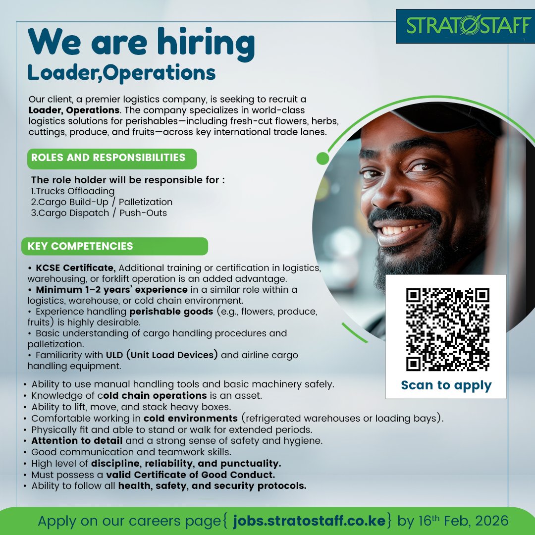Our client is seeking to onboard a loader ,Operations. Are you suitable for this role? Apply today at jobs.stratostaff.co.ke

#recruitment
#jobs
#hiring
#opportunities
#hiring