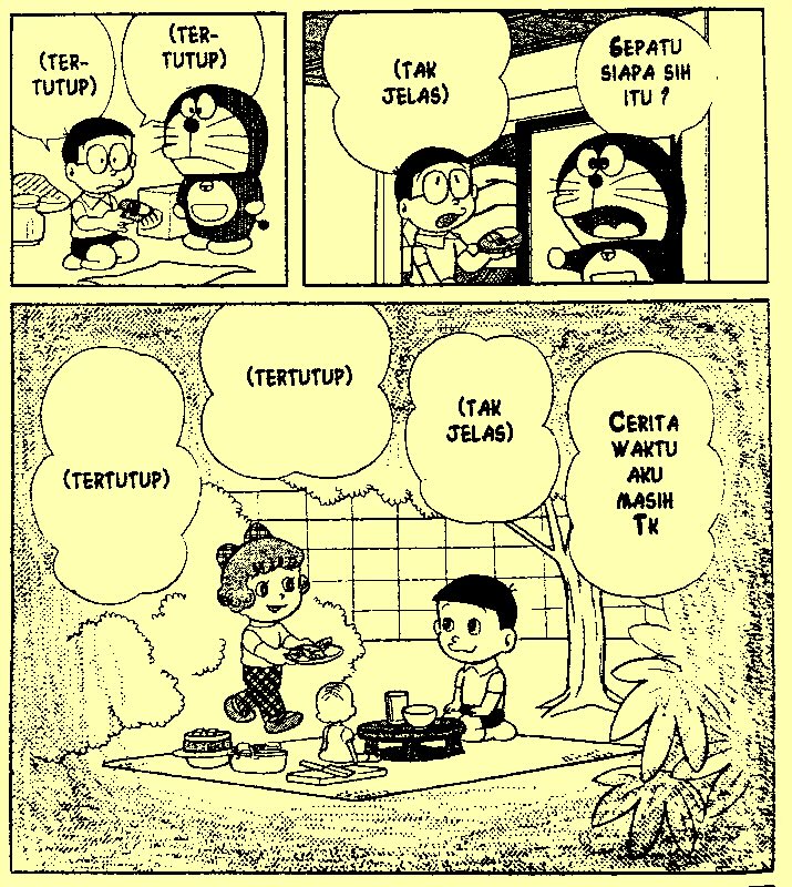 Sempat terjadi di Doraemon jilid 6 cetakan 1992: