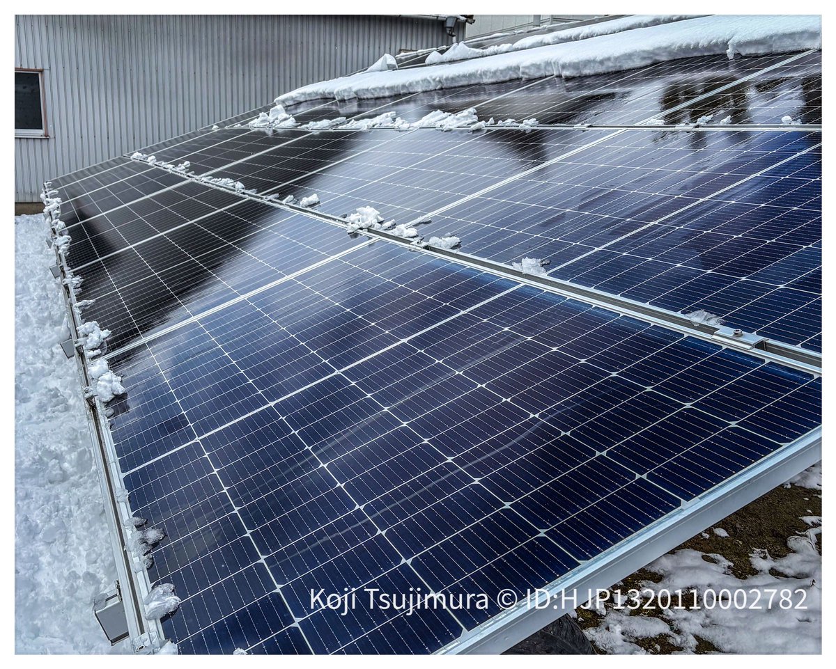 野洲市平野部、今朝の積雪は15cm程度。先ずはソーラーパネルの雪おろし。