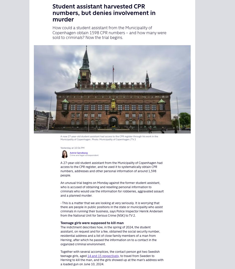 jonatanpallesen's tweet image. New scandal in Denmark.

A student assistant used the state database to access the home addresses of people and give them to Muslim gangs. 

In one case so that they could find a person and have him murdered.

Our Danish system with a well-functioning central register has…