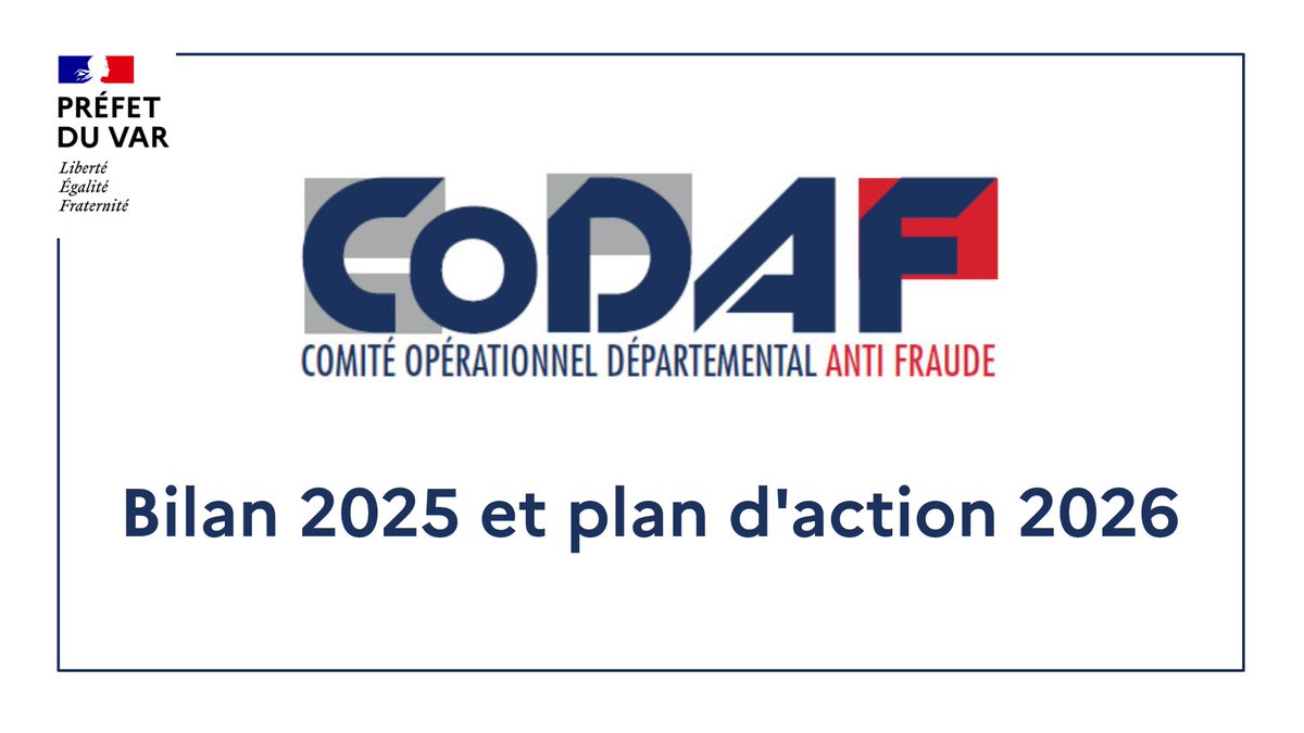 Prefet83's tweet photo. #LutteContreLaFraude | Le préfet du #Var et les procureurs de Toulon et Draguignan ont dressé le bilan 2025 du Comité opérationnel départemental anti-fraude #CODAF :
> 362 opérations coordonnées de contrôle;
> 132 procédures pour travail illégal;
> 19,5 M€ de fraudes aux prestations sociales.
✅️ Pour 2026, le préfet et les procureurs ont réaffirmé leur détermination à accentuer encore davantage la lutte contre la fraude qui menace le financement de notre modèle social, précarise la situation des salariés et crée une concurrence déloyale.
➕️ d'infos 👉 https://t.co/qpHtJWOMBQ
@PoliceNat83 @Gendarmerie_083 @douane_france