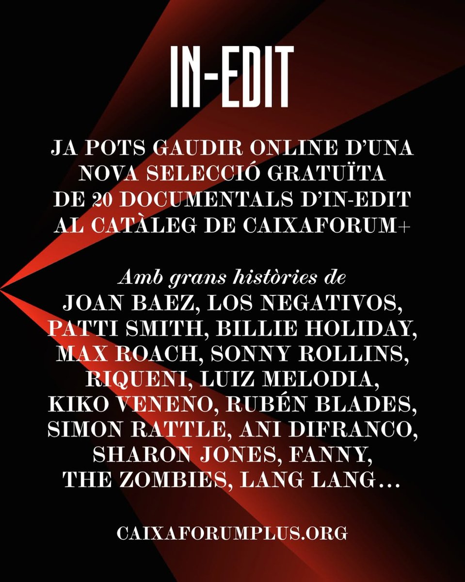 InEditFestival's tweet photo. Una nueva selección de films.
20 documentales del Festival In-Edit.
Gratis. A la carta.

En nuestra sede online, la plataforma #CaixaForumPlus. Con Joan Baez, Patti Smith, Billie Holiday, Rubén Blades, The Zombies, Kiko Veneno, Los Negativos, Max Roach…
https://t.co/u2oTB4k04C https://t.co/xHi6PhYAd9