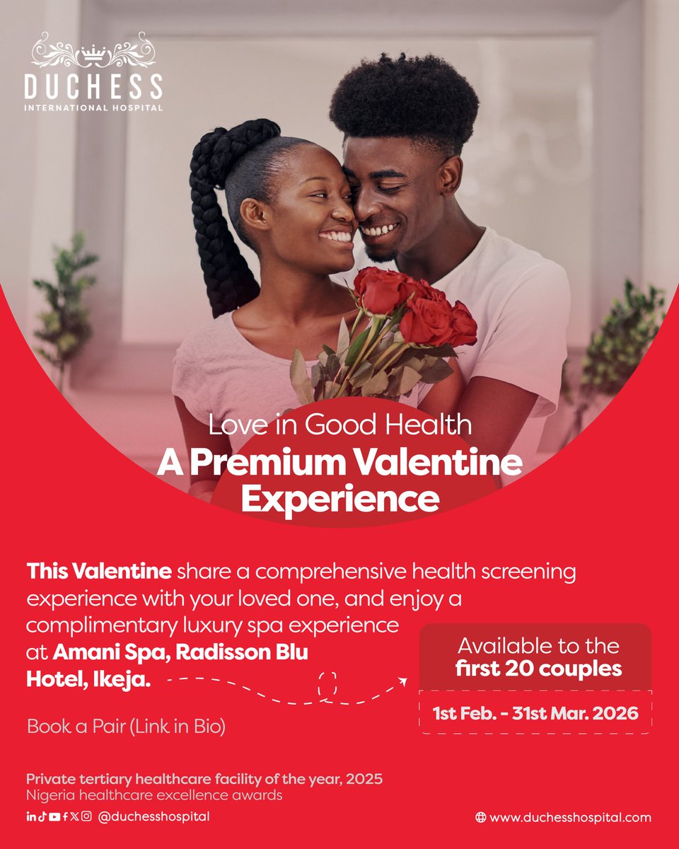 This Valentine, go beyond flowers and dinner plans.
Share a comprehensive health screening experience with someone who matters, and enjoy a complimentary luxury spa experience at Amani Spa, Radisson Blu Ikeja.

 🔗 Link - duchesshospital.com/love-in-good-h…

#DuchessHospital #February
