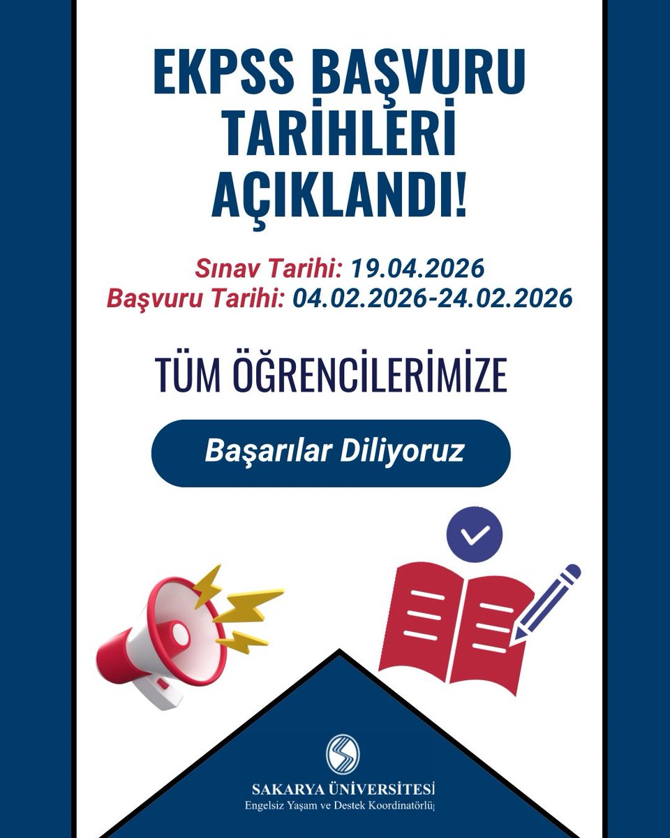 2026-EKPSS, 19 Nisan 2026 tarihinde uygulanacaktır.Sınava başvurular, 4-24 Şubat 2026 tarihleri arasında yapılacaktır.Adaylar, başvurularını ÖSYM'nin ais.osym.gov.tr adresinden veya ÖSYM Aday İşlemleri Mobil uygulamasından yapabilecektir.

#SakaryaÜniversitesi #Ekpss