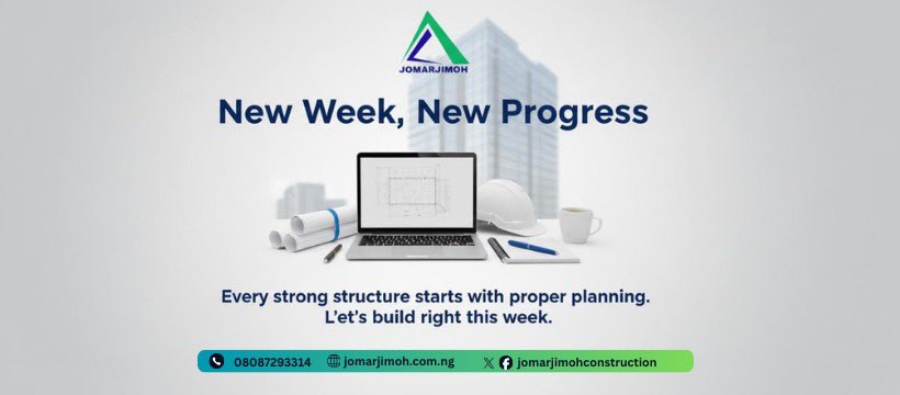 New week, new progress.
At JOMARJIMOH Construction, we plan, supervise, and deliver with integrity.

Let’s build right this week.

#BuildingInNigeria #BuildingConstruction