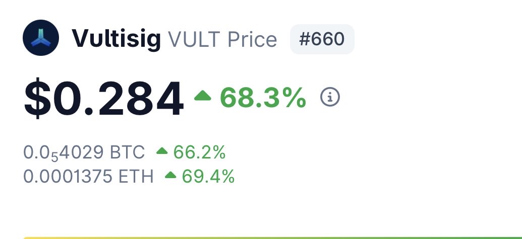 Stop trading

Start holding $VULT

IF / When the <a href="/vultisig/">Vultisig</a> teams succeeds you won’t be thinking about $100m mcap or $1b mcap..

Currently $28m mcap.

I expect patience and conviction to be heavily rewarded on this one.