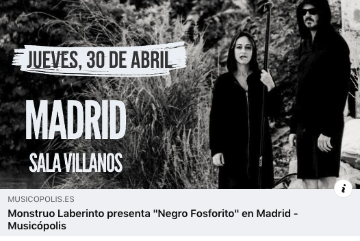 MONSTRUO LABERINTO PRESENTA «NEGRO FOSFORITO» EN MADRID
<a href="/MonstruoLab/">Monstruo Laberinto</a> <a href="/musicopolis/">Musicópolis</a> 
musicopolis.es/monstruo-laber…