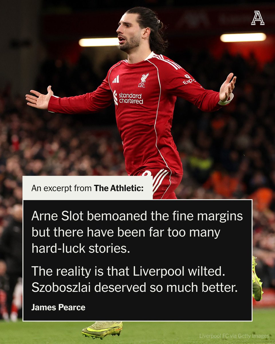 TheAthleticFC's tweet photo. Dominik Szoboszlai has been one of the few Liverpool title-winners to stand up and be counted this season. 

He has been outstanding in midfield and selflessly filled in at right-back. 

His free kick against Manchester City was awe inspiring. Yet, by the end, he had been dismissed as Arne Slot's side imploded.

Not for the first time this season, Szoboszlai was badly let down by those around him.

📝 @JamesPearceLFC

🔗 https://t.co/Hyos093c3f