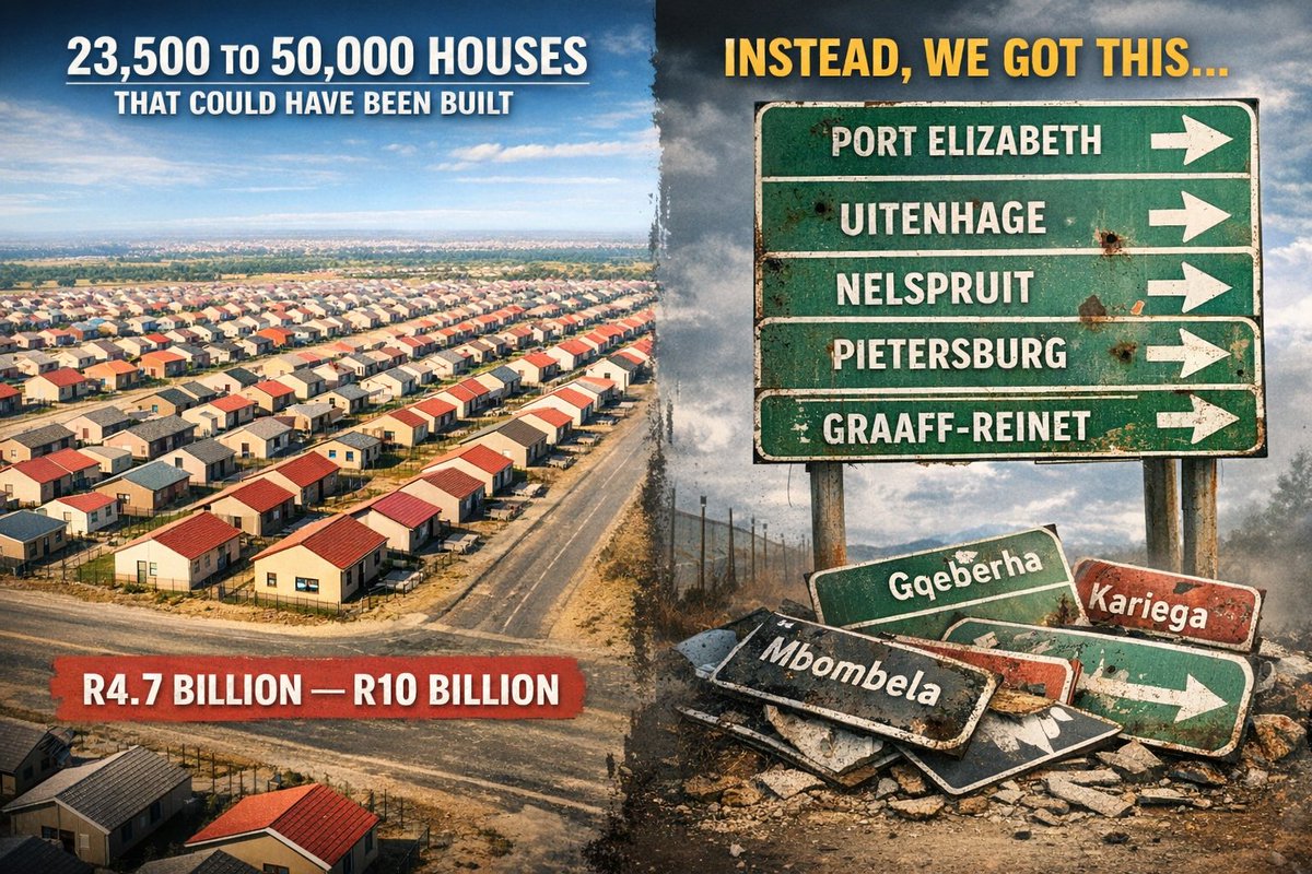 Since 1994, South Africa has gone through around 1,500–1,600 place-name changes.

This is nothing more than an attempted deletion of history and culture. I will always use the original names.

Transvaal. Port Elizabeth. Uitenhage. King William’s Town. Nelspruit. Pietersburg.