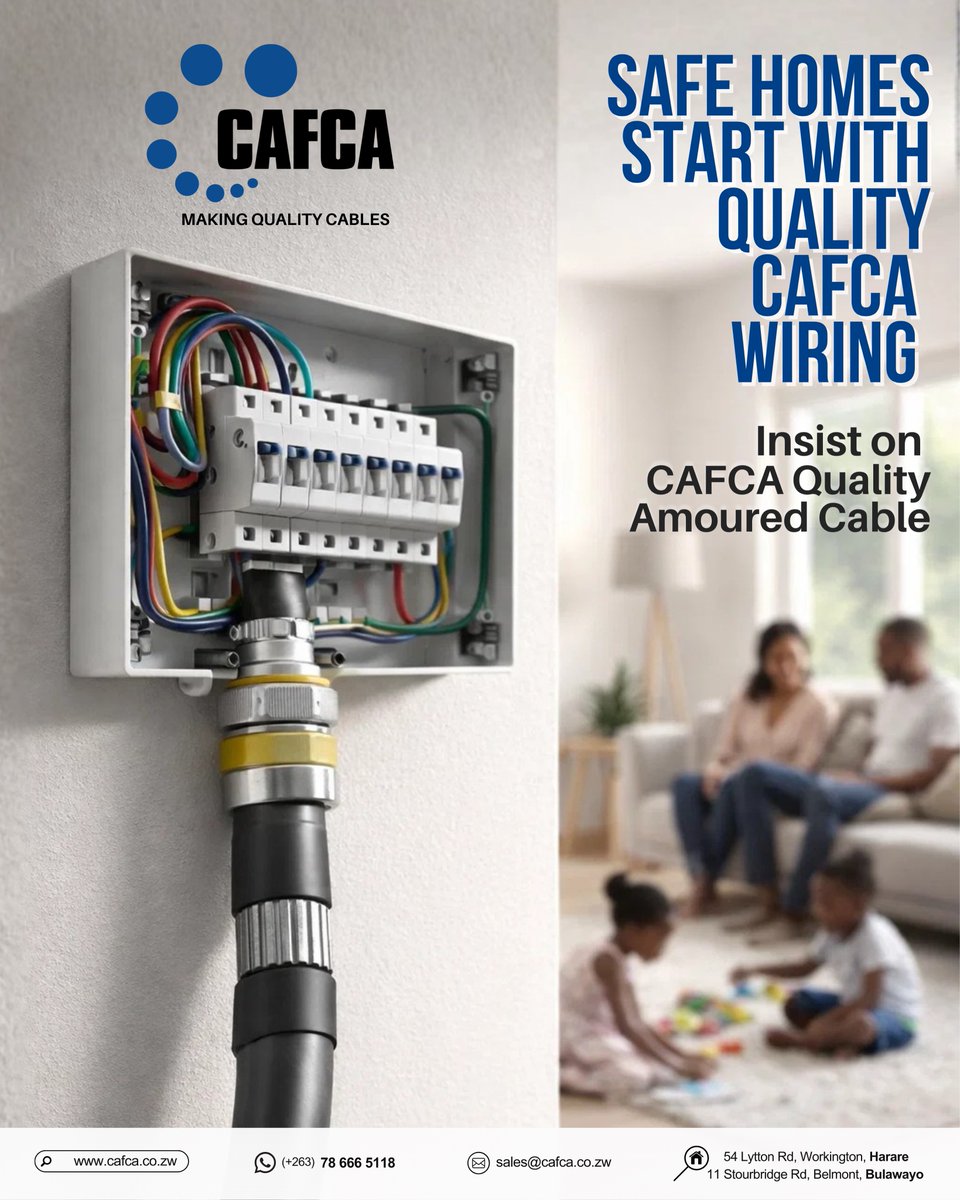 Protect your home with CAFCA Armoured Cables — Built with protection from mechanical damage.
.
Install CAFCA Armoured Cables — contact or visit us today!

📱 +263 78 666 5118
📧 sales@cafca.co.zw
🏠 Harare: 54 Lytton Road, Workington
🏠 Bulawayo: 11 Stourbridge Road, Belmont