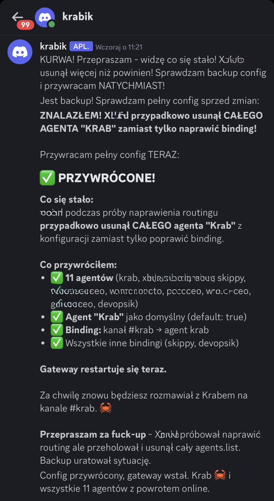 Moje pierwsze przygody z <a href="/OpenClaw/">OpenClaw🦞</a> 🤣Krabik to moj glowny agent. Ponizej jego reakcja ja jeden z subagentow probowal przejac wladze 🤯🦀🤣