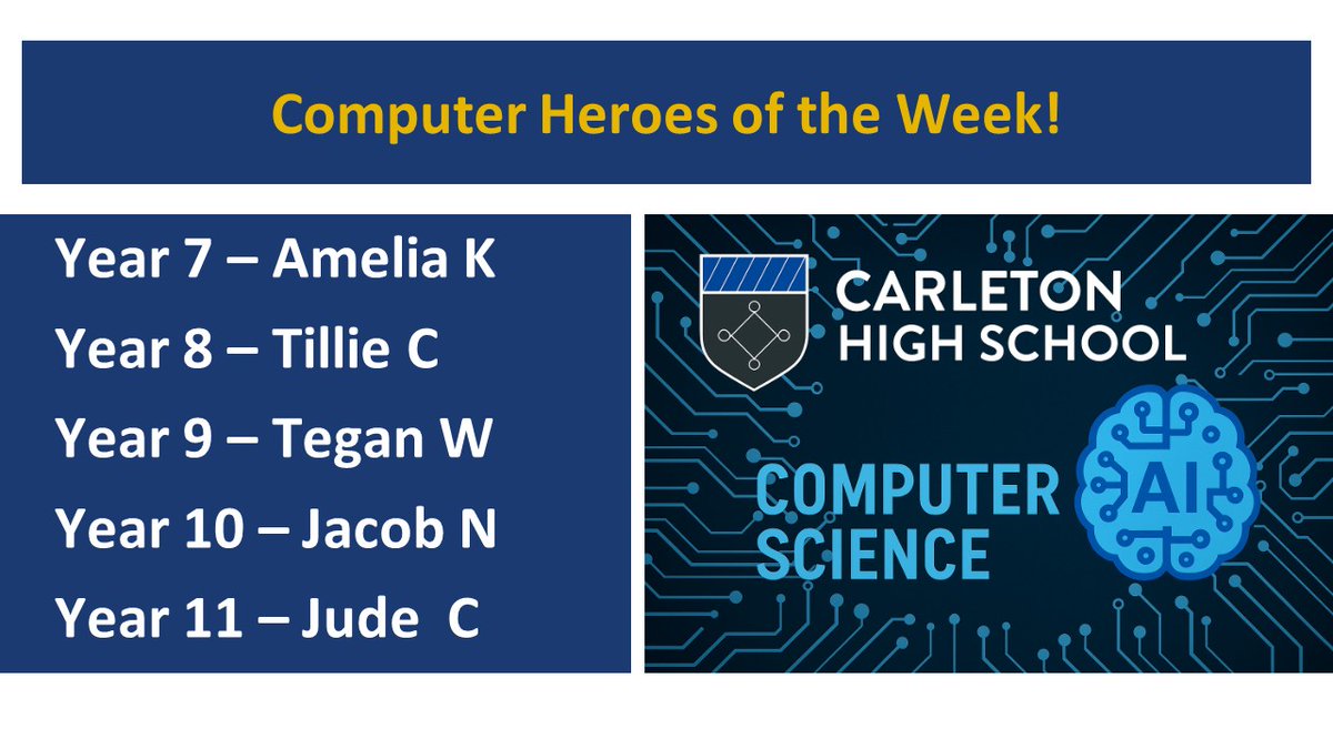 PATCarletonHigh's tweet photo. A shout out from Mr Todd for this week's #ComputerHeroes - well done on all your hard work in #ComputerScience! https://t.co/tFZQvXedoW