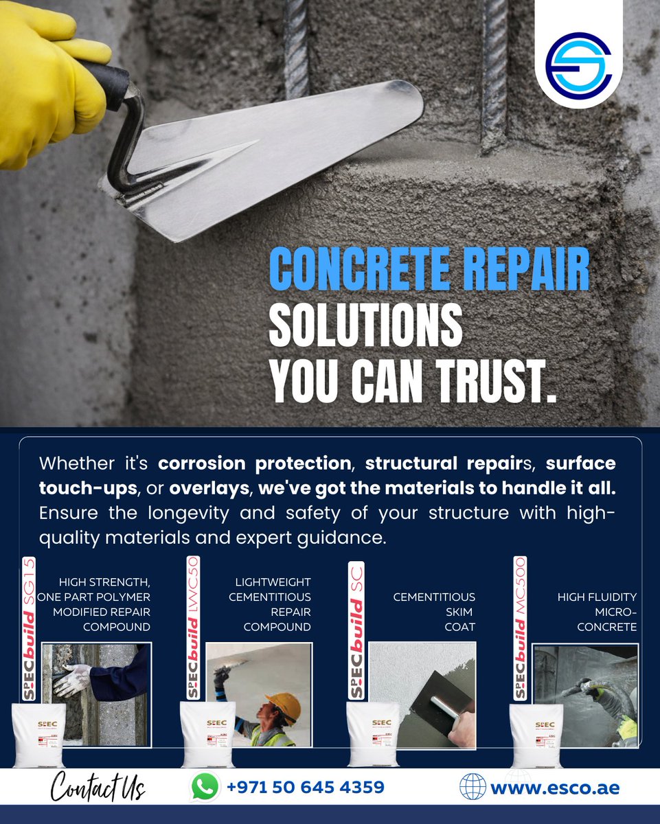 #𝗖𝗼𝗻𝗰𝗿𝗲𝘁𝗲𝗥𝗲𝗽𝗮𝗶𝗿 𝗦𝗼𝗹𝘂𝘁𝗶𝗼𝗻𝘀 𝗬𝗼𝘂 𝗖𝗮𝗻 𝗧𝗿𝘂𝘀𝘁 

From  structural repairs and corrosion protection to surface restoration and  overlays, our advanced range of repair materials is engineered to  deliver durability, safety, and long-term performance.