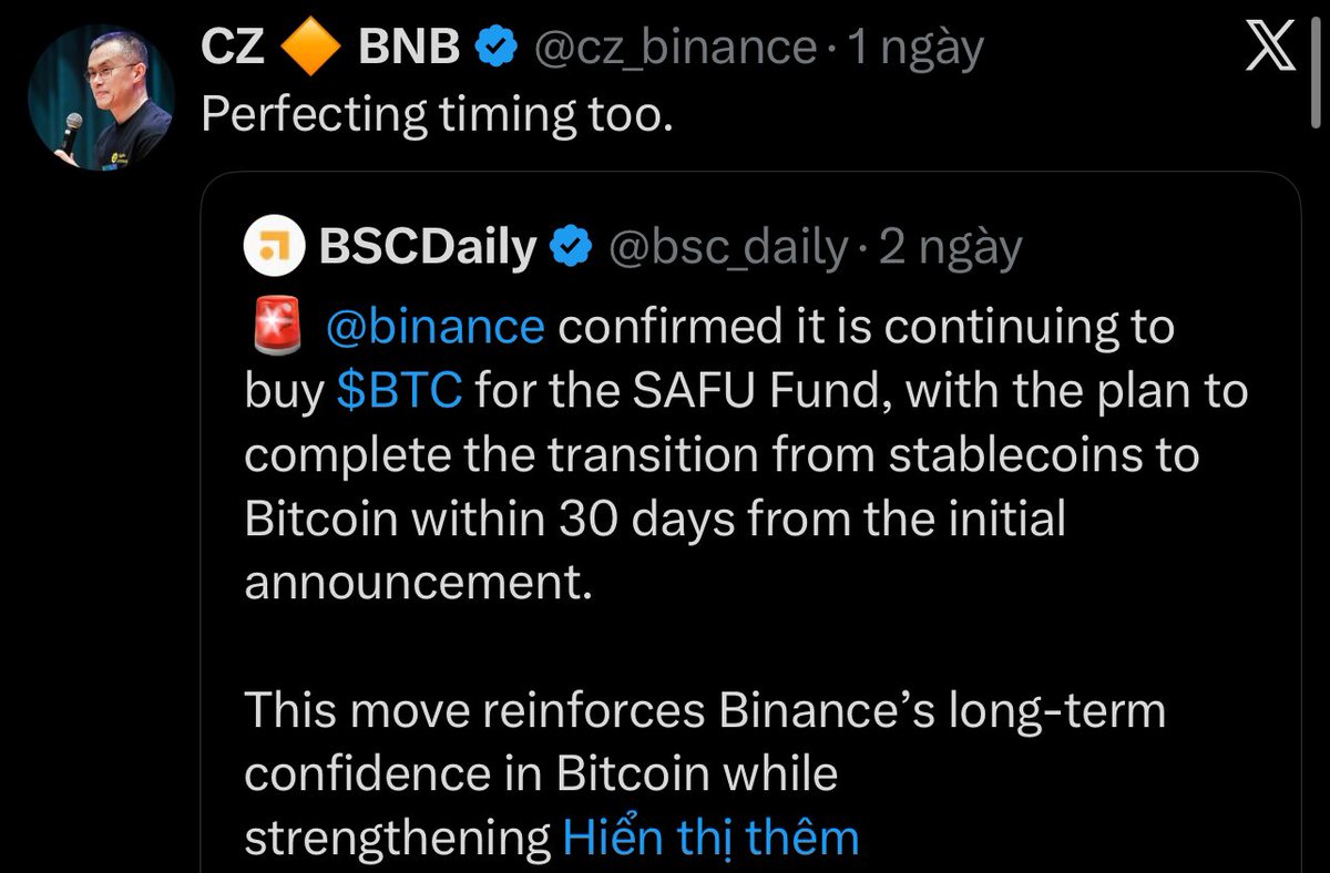 Quỹ Binance đang tiếp tục gom mạnh Bitcoin quanh vùng $70K.

Cụ thể, quỹ SAFU vừa mua thêm 4.225 BTC (khoảng $300 triệu), nâng tổng lượng nắm giữ lên 10.455 BTC, tương đương $741 triệu. Chỉ trong 10 ngày, quỹ này đã hoàn thành gần 3/4 mục tiêu $1 tỷ.

Trước