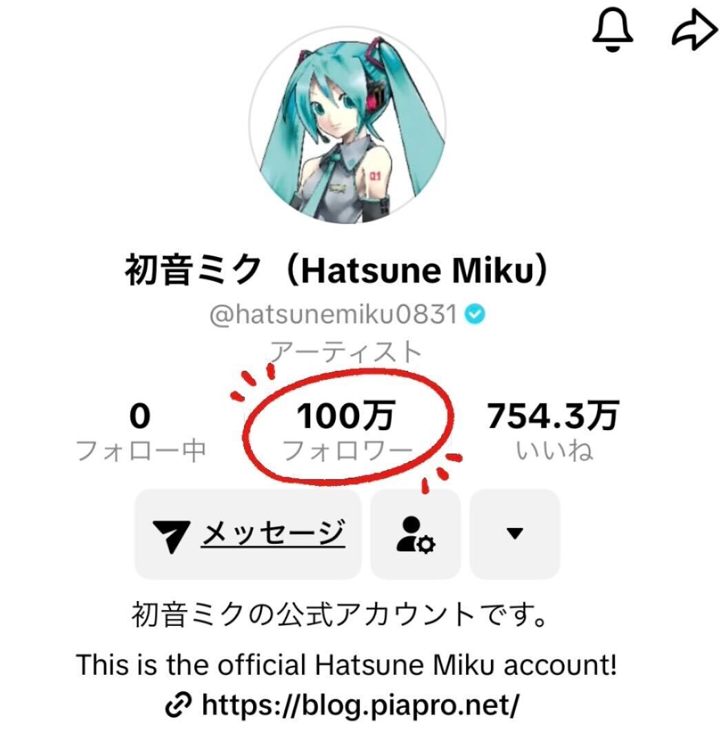 初音ミク公式TikTokが100万フォロワーを突破しました！

いつもたくさんの応援ありがとうございます✨️
これからもよろしくお願いいたします！
tiktok.com/@hatsunemiku08…

#初音ミク #HatsuneMiku