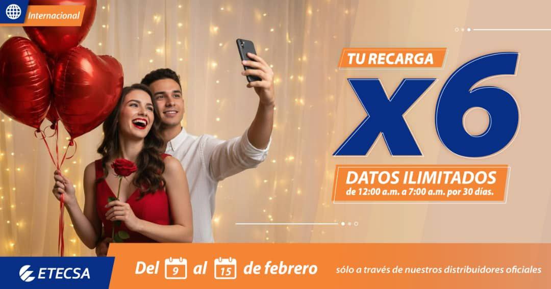Del 9 al 15 de febrero, si recibes una recarga internacional entre 600CUP y 1250CUP multiplicarás tu recarga por 6 y recibirás datos ilimitados de 12:00 a.m. a 7:00 a.m., durante 30 días.
#RecargaInternacional