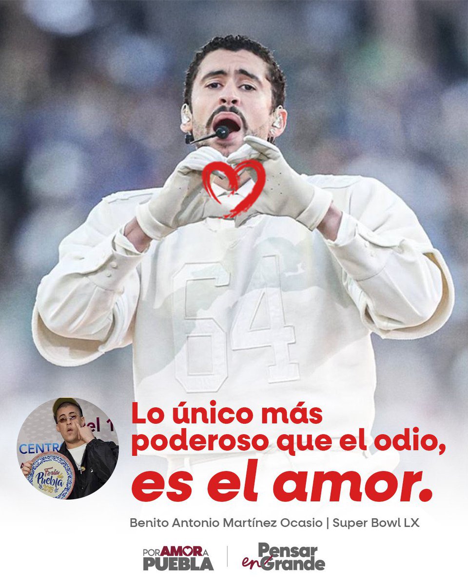 🎶 El amor y la unidad siguen siendo el mensaje

Desde el escenario del #SuperBowlLX, Benito Antonio Martínez Ocasio volvió a poner al centro el amor frente al odio, un mensaje que en Puebla se recuerda desde su visita en 2018 y que conecta con quienes lo vivieron de cerca.