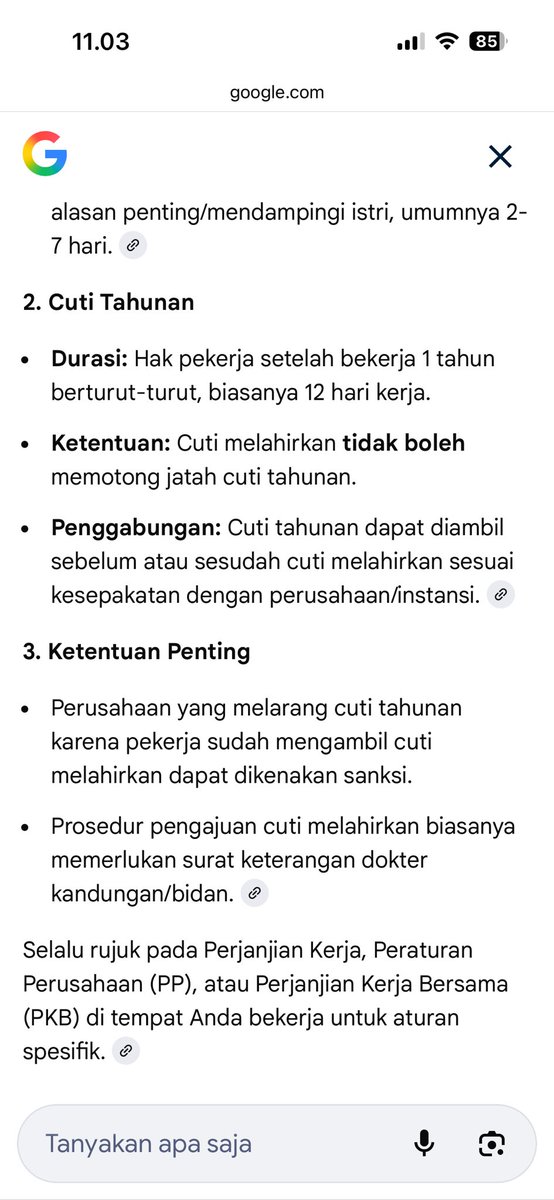 Sedih banget taun ini udah ngga punya cuti taunan. Karna cuti lahiran sampe januari ternyata udah ngga dapet hak cuti taunan lagi😢
Ya Allah sedih banget padahal udah 12 taun kerja dan ngga pernah ijin ngga masuk.
Abis searching di google katanyapun ngga boleh kayak gitu 😭😭