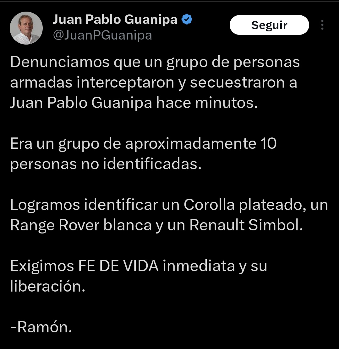 🚨 ÚLTIMA HORA 

Juan Pablo Guanipa ha vuelto a ser secuestrado.