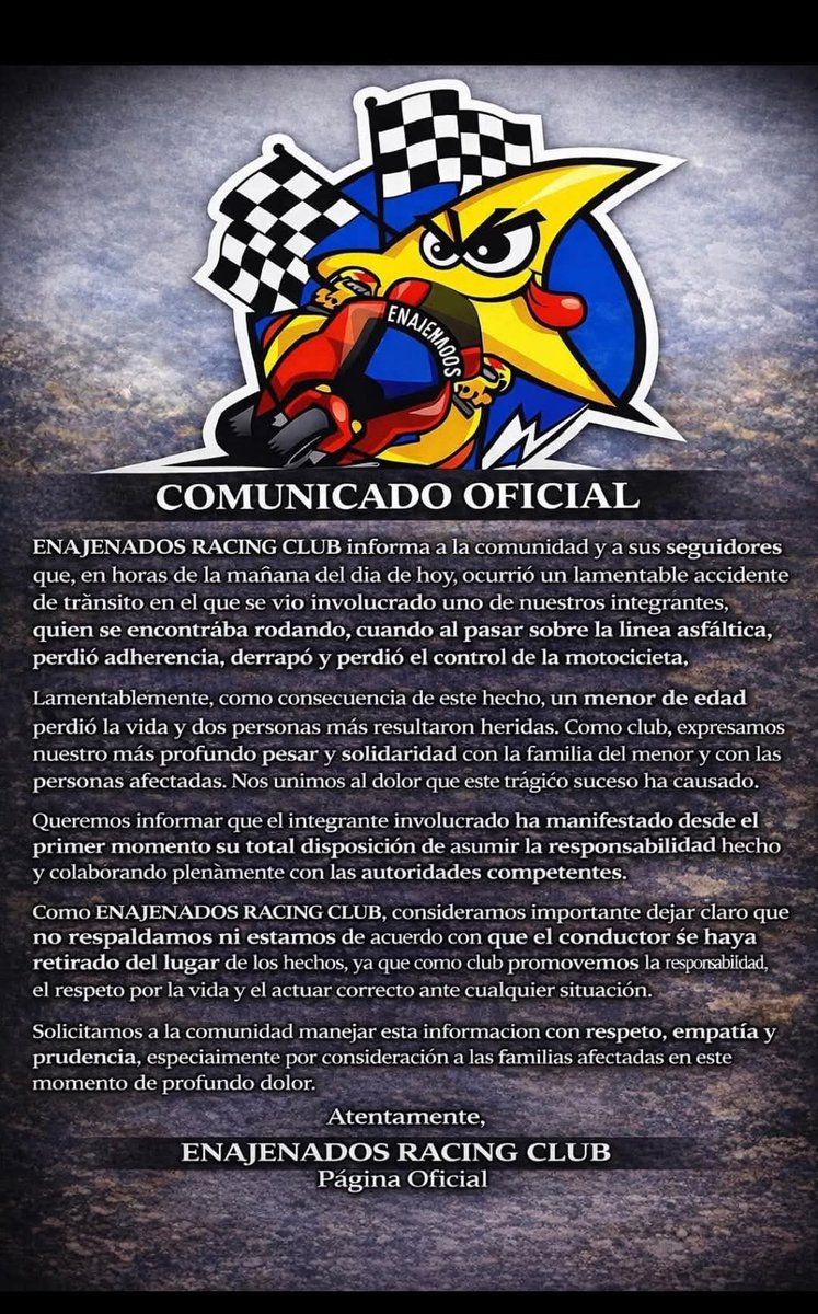 vichoguate's tweet photo. AHORA:

Comunicado de "Enajenados racing club", al cual pertenece el motorista involucrado en incidente donde murió un niño. https://t.co/AXgUXgAYPc