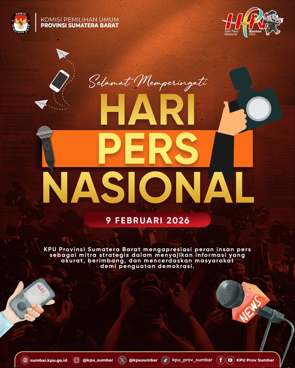 #TemanPemilih KPU Provinsi Sumatera Barat mengucapkan Selamat Memperingati Hari Pers Nasional, 9 Februari 2026.

Apresiasi setinggi-tingginya kepada seluruh insan pers yang senantiasa menjadi mitra strategis dalam menyampaikan informasi yang akurat, berimbang, dan mencerahkan.