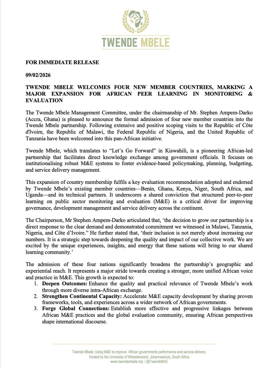 Exciting news from @TwendeMnE!

They're expanding African peer learning in Monitoring &amp; Evaluation by welcoming four new member countries.

This is a huge step forward for M&amp;E on the continent.

Learn more here: 