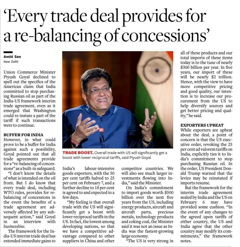 PiyushGoyal's tweet photo. I explain in an interview with @BusinessLine, how India is set to gain a competitive edge in exports, with lower reciprocal tariffs enhancing access to the US market.

#IndiaUSTradeDeal

🗞️ https://t.co/EwfTGy2GCj https://t.co/ir5YYPOLqV