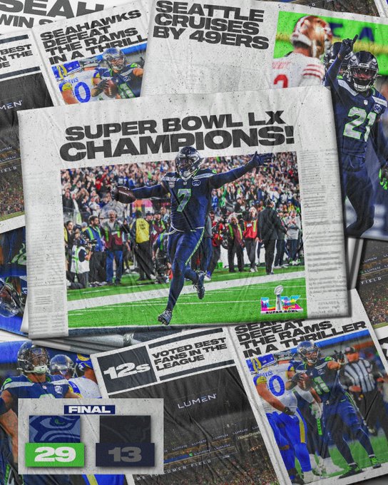 The <a href="/Seahawks/">Seattle Seahawks</a> are SUPER BOWL LX CHAMPIONS 🙌
Congrats to the team and staff for an amazing year!