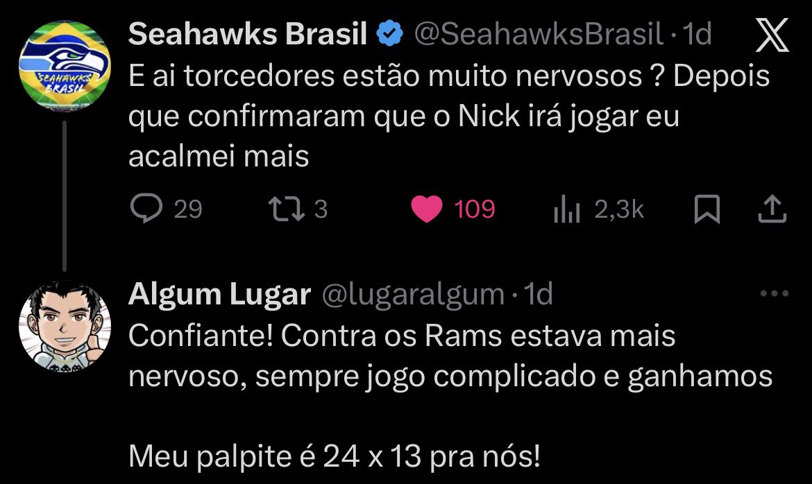 lugaralgum's tweet photo. @SeahawksBrasil Quase acertei o placar!

Só não imaginava q seria tão tenso, mesmo com td a vantagem! Confesso q depois do TD deles deu um frio na barriga, mas a defesa jogou d+ e o ataque apareceu qdo precisava!

Histórico! Assim como foi no SB 48! Só espero não ter q esperar mais 11 anos kkkkk https://t.co/JJBbUBtkci